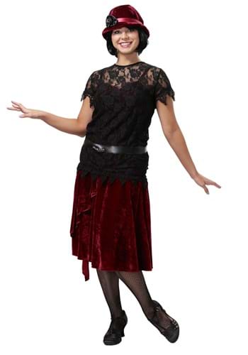  A lady wearing a burgundy and black flapper dress and matching cloche