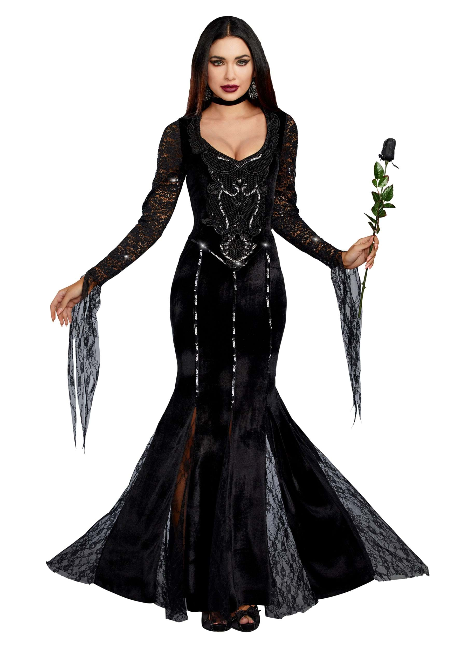 Women's Vampiress Frightfully Sexy Mortuary Mama Black Sequin & Lace Evening Dress (Regular Size)