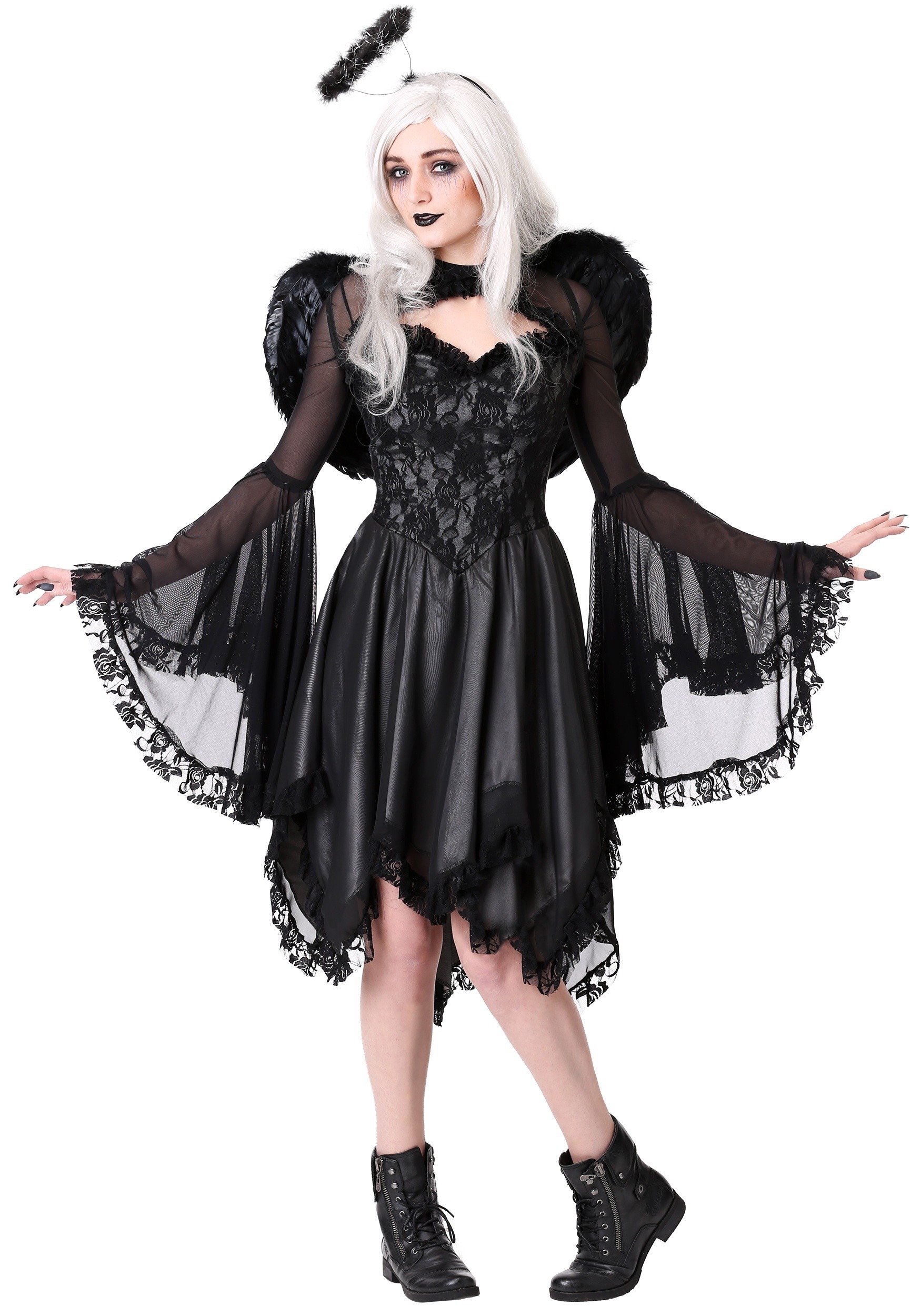 Black Feather Halo Ladies Fancy Dress Halloween Fallen Angel Adults Costume Acc 