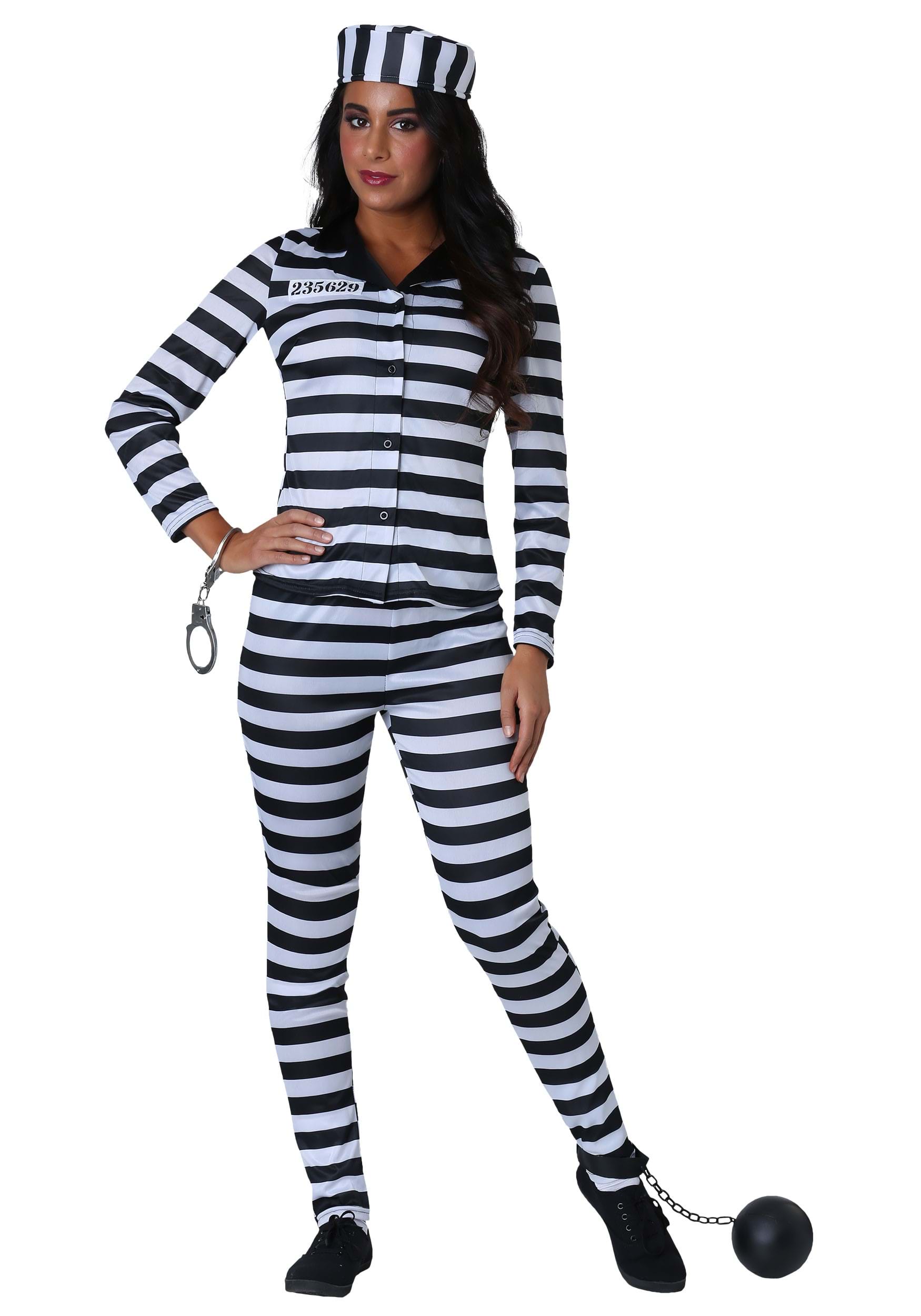 Womens Convict Cute Costume Ladies Inmate Prisoner Halloween Fancy Dress Ou...