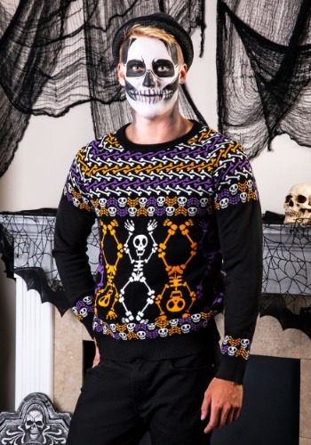 Day of the Dead Dancing Skeletons Ugly Halloween Sweater Upd