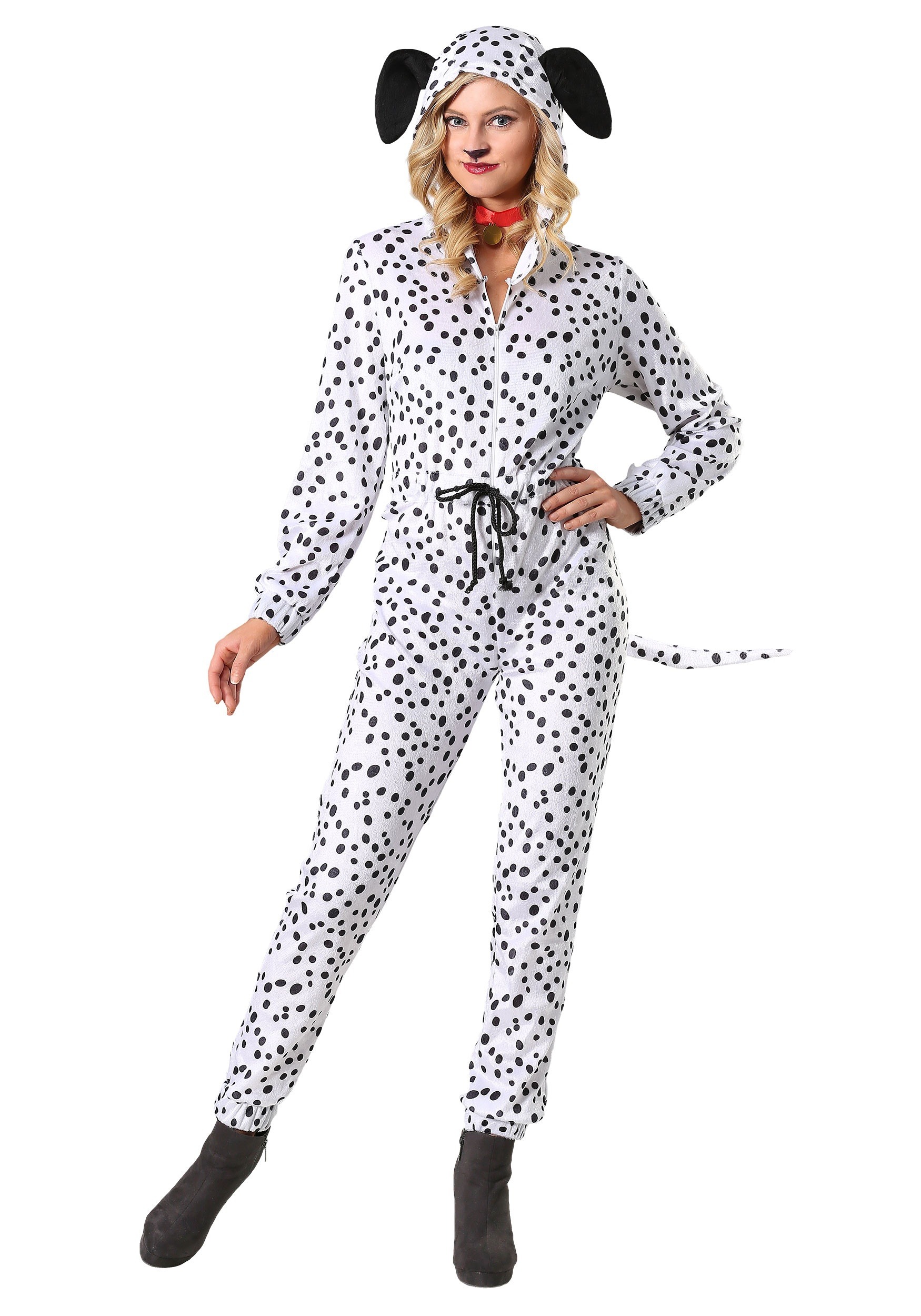 Cozy Dalmatian Jumpsuit Costume 1X 2X. adult dalmatian costume. 