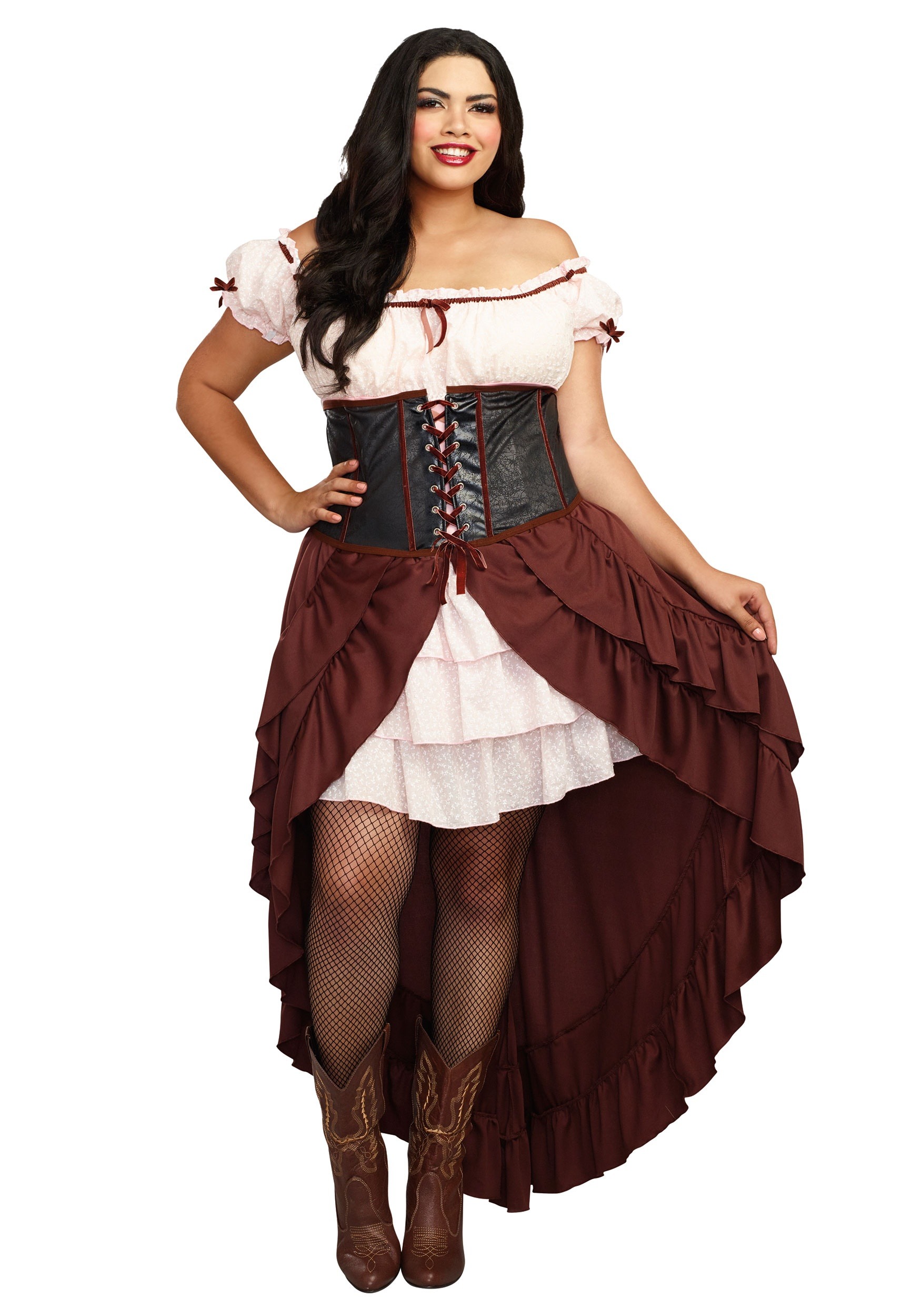 Photos - Fancy Dress Dreamgirl Saloon Girl Plus Size Costume for Women Brown/Pink