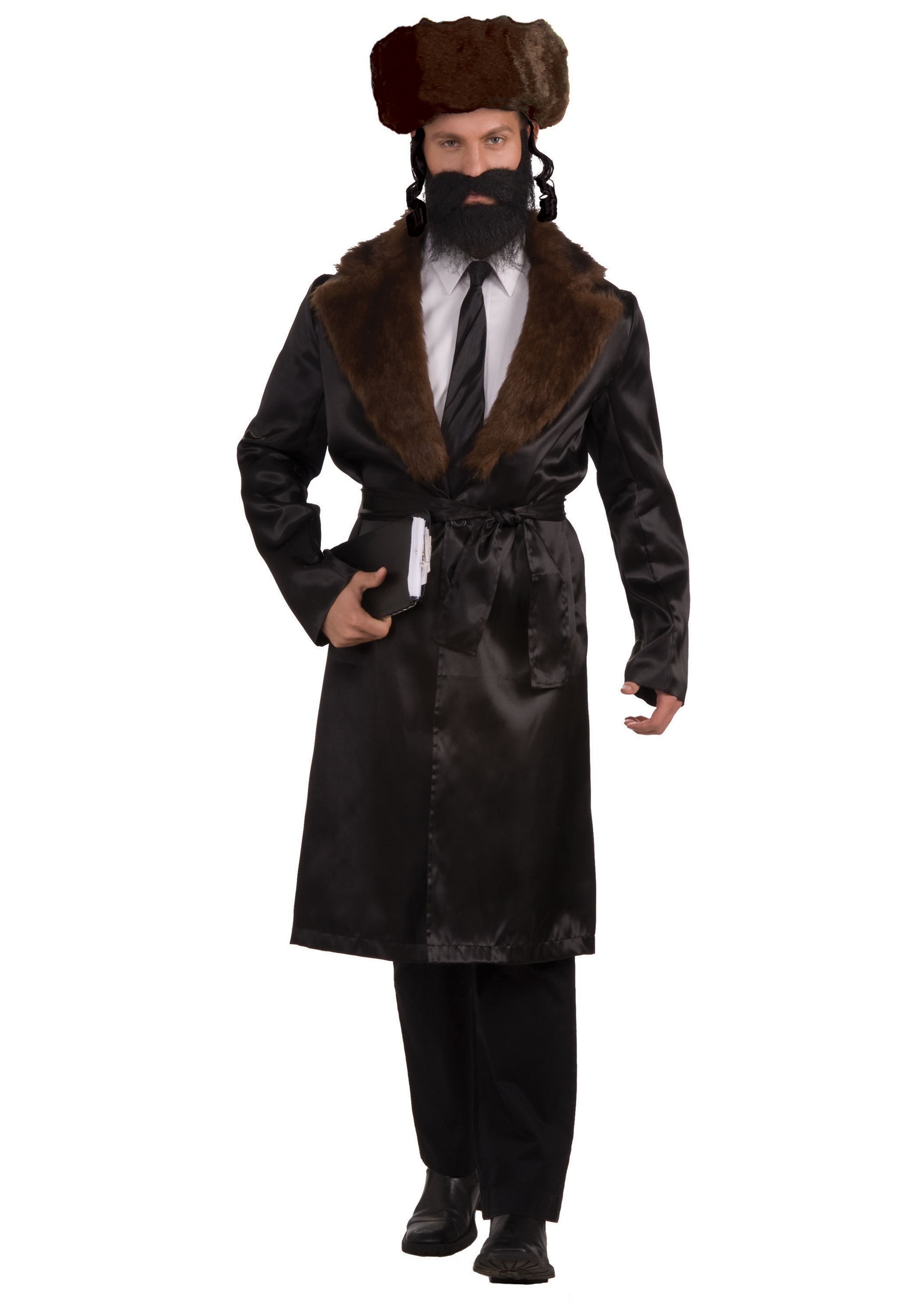 MENS RABBI COSTUME LONG COAT HAT WITH SIDEBURNS BEARD JEWISH FANCY DRESS OUTFIT 