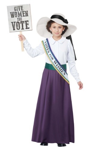 a girl dressed as an American suffragette consisting of a white long sleeved blouse, long purple skirt with a green waistband, a white wide-brimmed hat, a sash and placard advocating women's right to vote 
