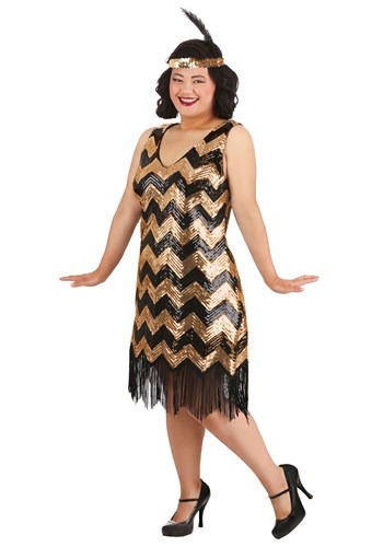 Women's Dolled Up Flapper Gold Dress with feather Head Band