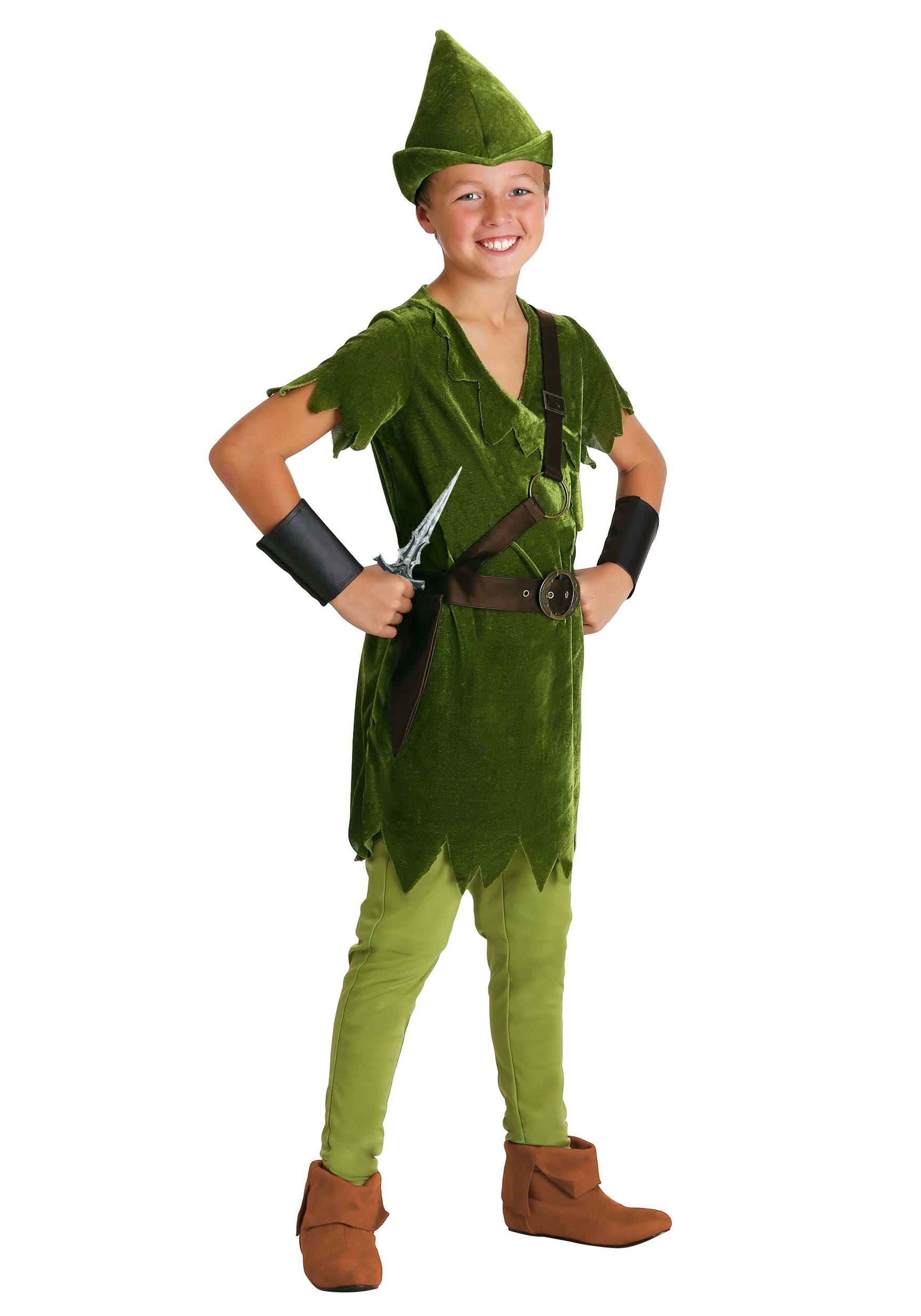 Kid's Peter Pan Costume with Hat, Shirt, Tights, Belt/Harness and Wrist Cuffs