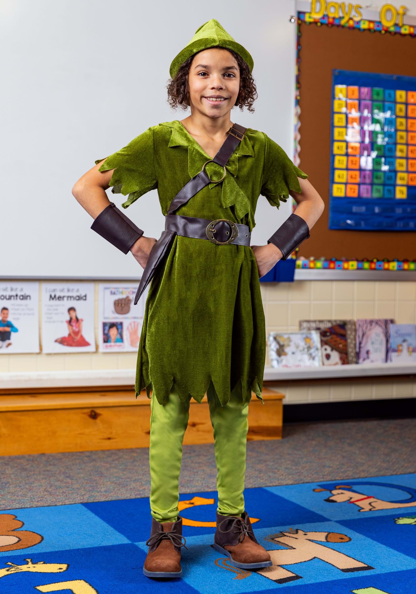 Kid's Peter Pan Costume With Hat, Shirt, Tights, Belt/Harness And Wrist Cuffs