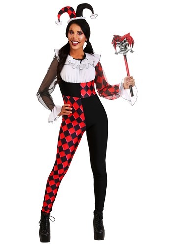 Female harlequin, costume dress, suspenders, pom pom buttons, stripes