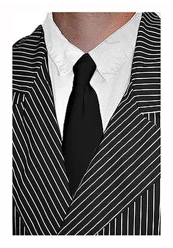a black gangster necktie for men worn with a white shirt and black and white-striped suit