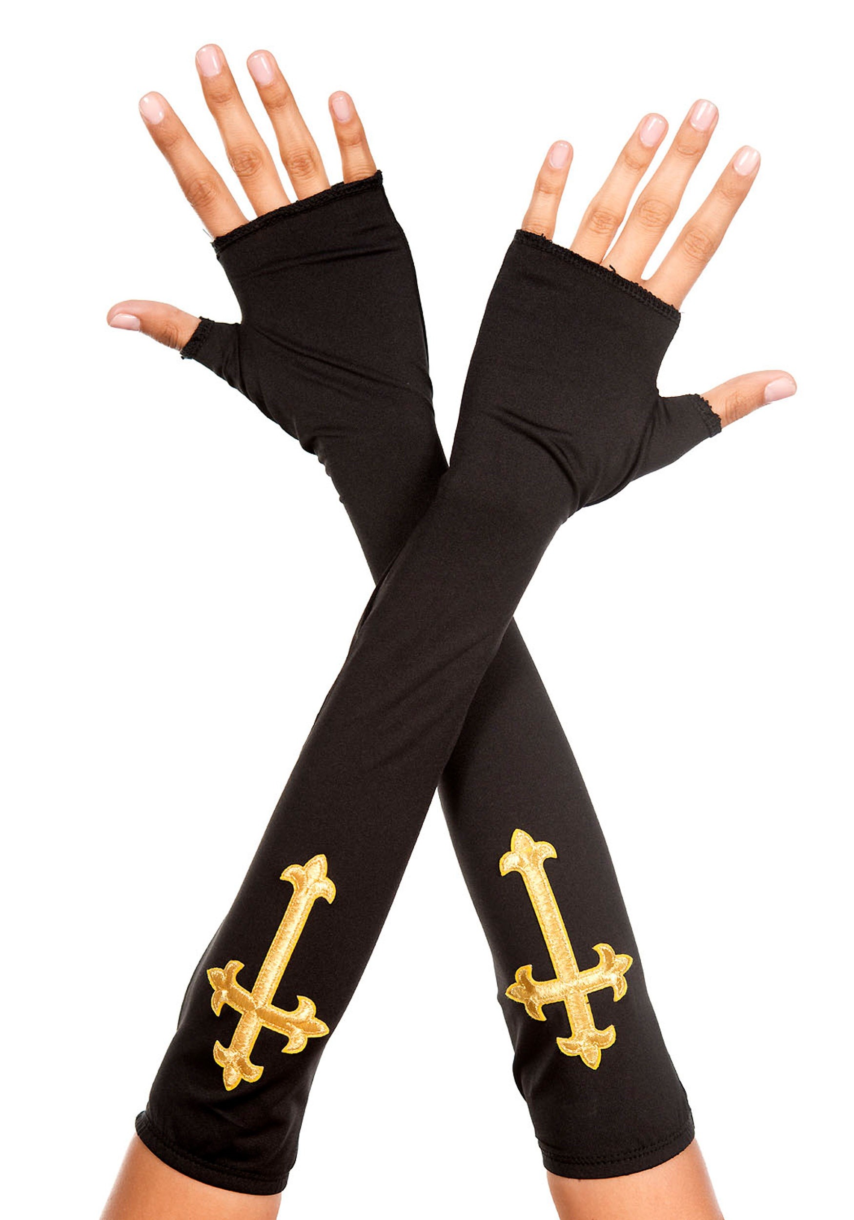 Music Legs 70686-BLACK-GOLD Gold Cross Fingerless Gloves, Black & Gold