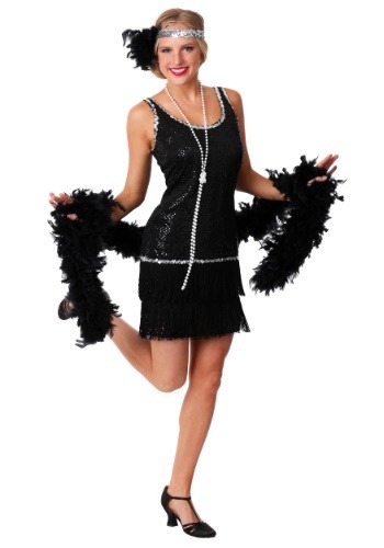 Sequin & Fringe Black Flapper Women's Costume Dress 