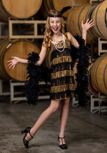 Kid's Gold and Black flapper Halloween costume for tweens