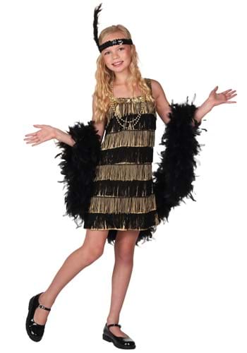 a girl dressed in a Gold and Black Fringe Flapper dress, feather headband, and a black faux feather boa