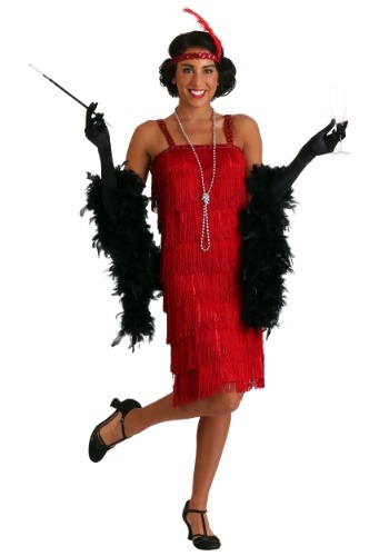 fun lady wearing Red 1920s flapper Costume with matching feather headband