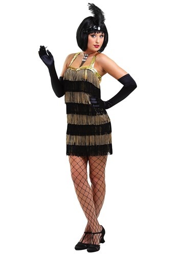 Lady in Gold and Black flapper costume with fringe