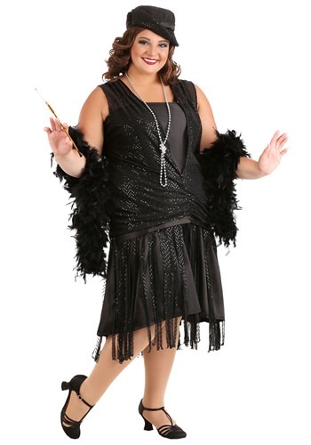 Woman Wearing a Black Plus-Size Drop-Waist Vest-Style Flapper Dress with Feather Boa and Hat
