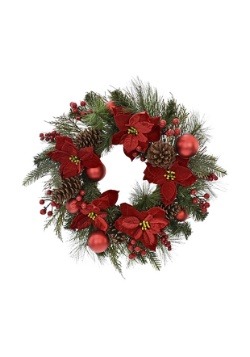 24 Inch Pine and Red Poinesettia Wreath