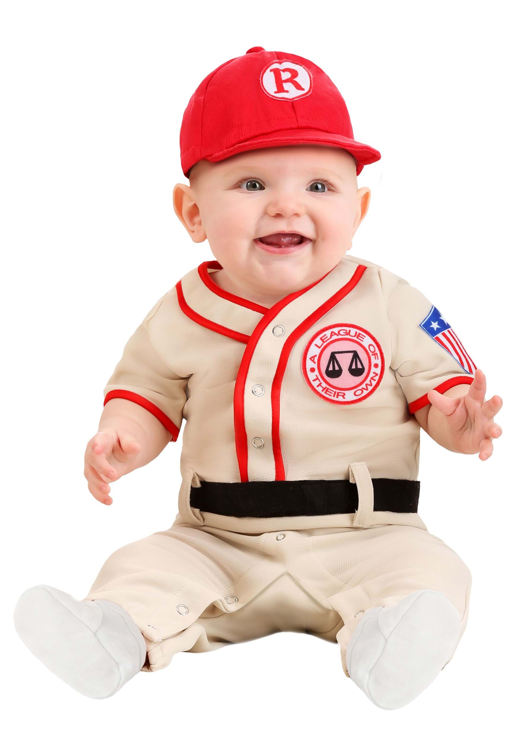 a baby wearing an Infant League of Their Own Coach Jimmy Costume