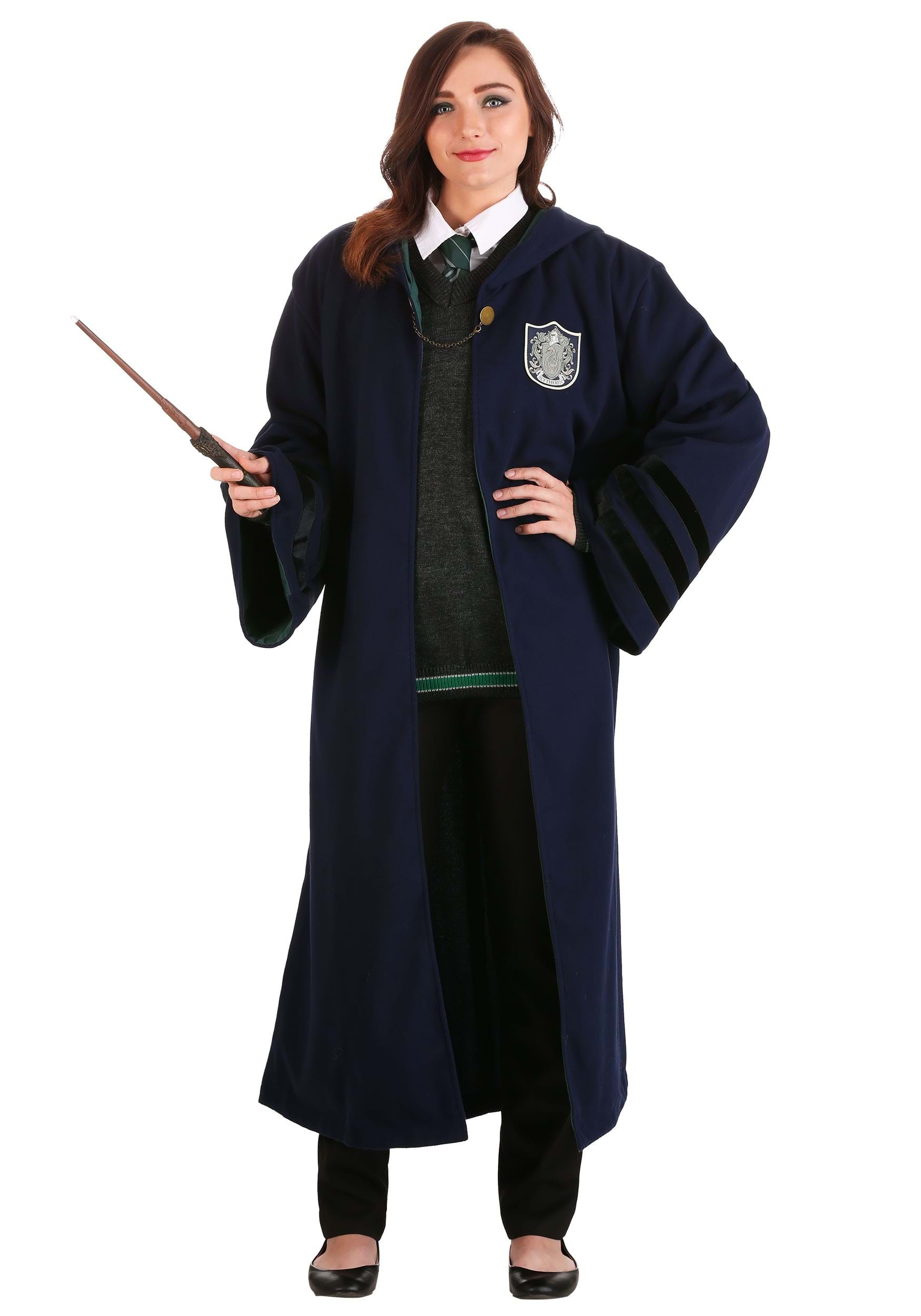 Harry Potter Slytherin Costume Black and Green Long Robe with Hood 