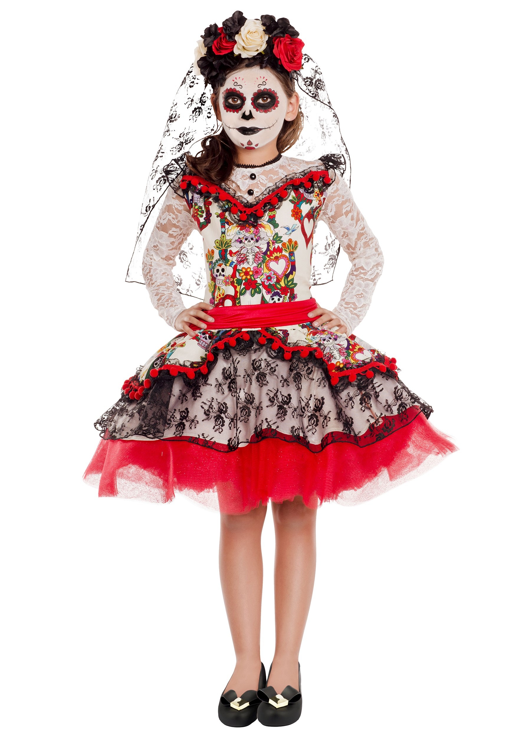 Day Of The Dead Sugar Skull Rose Long Adult Womens Costume Gloves 