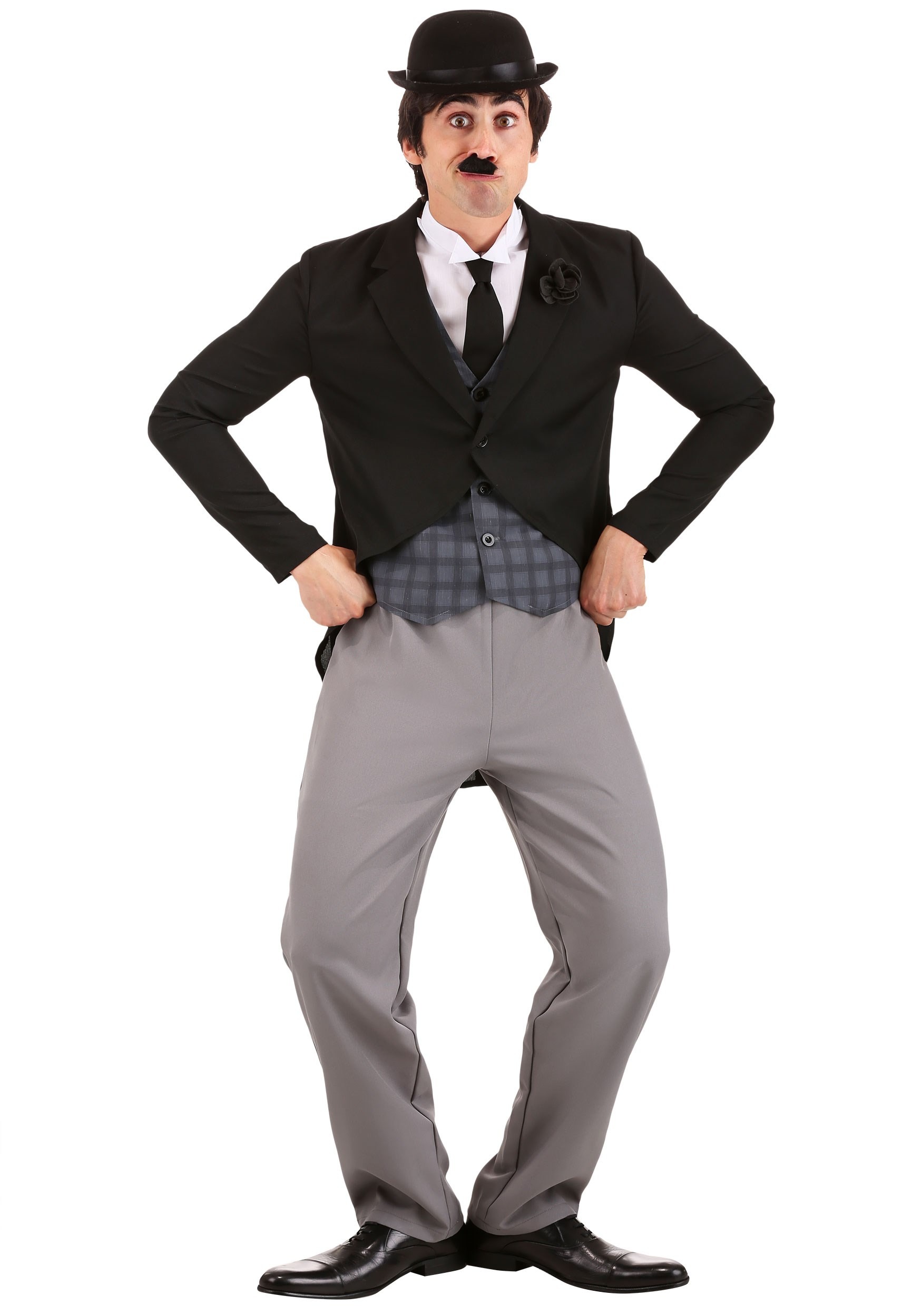 Adult Vintage 1920s Movie Star Costume, Charlie Chaplin comedian costume complete with a cane