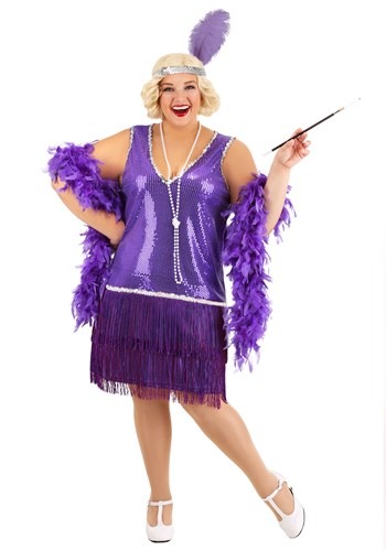 A plus size lady wearing a purple drop waist dress with tassel hem, purple feather boa and headdress