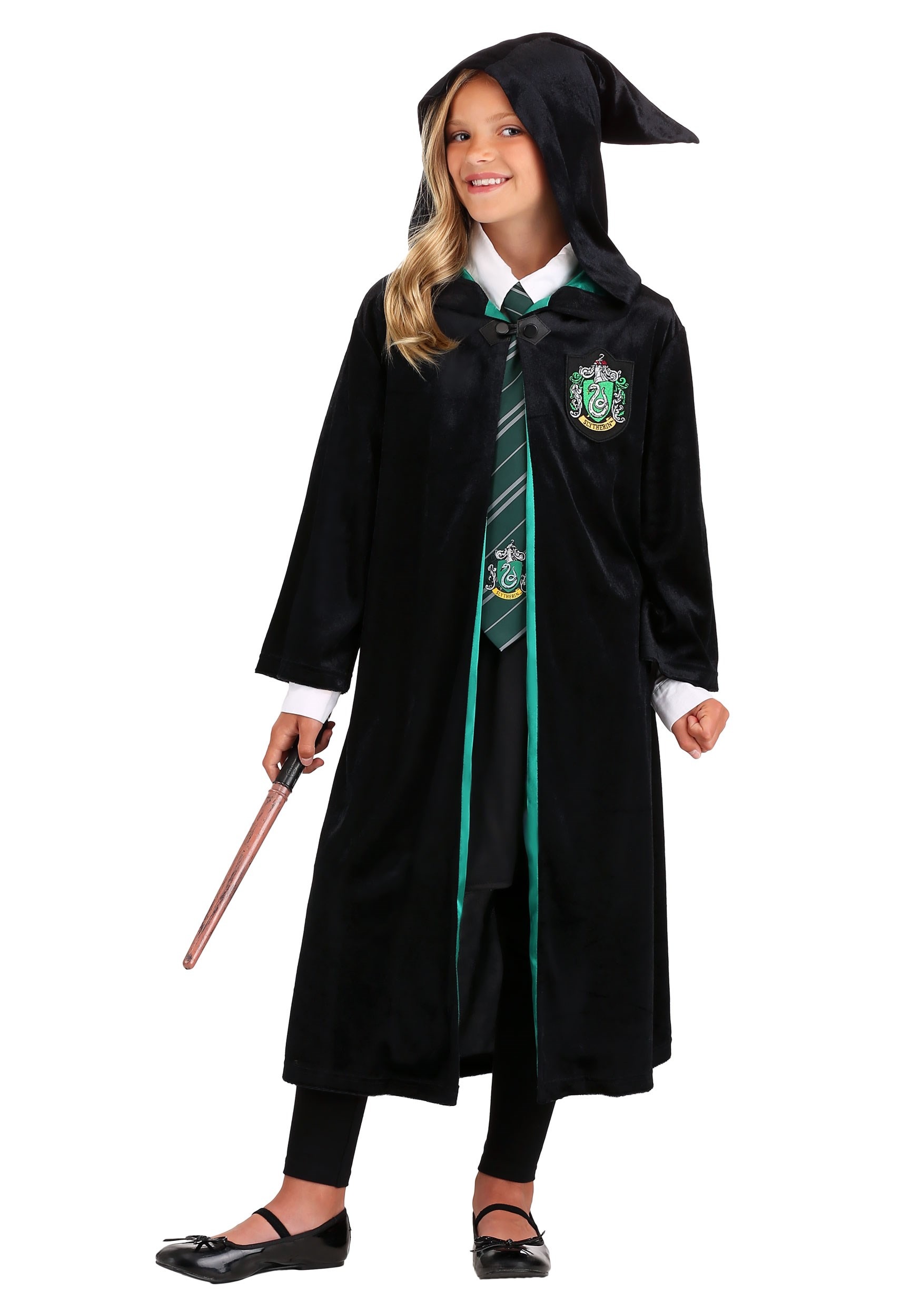 Harry Potter Slytherin Costume Black and Green Long Robe with Hood 