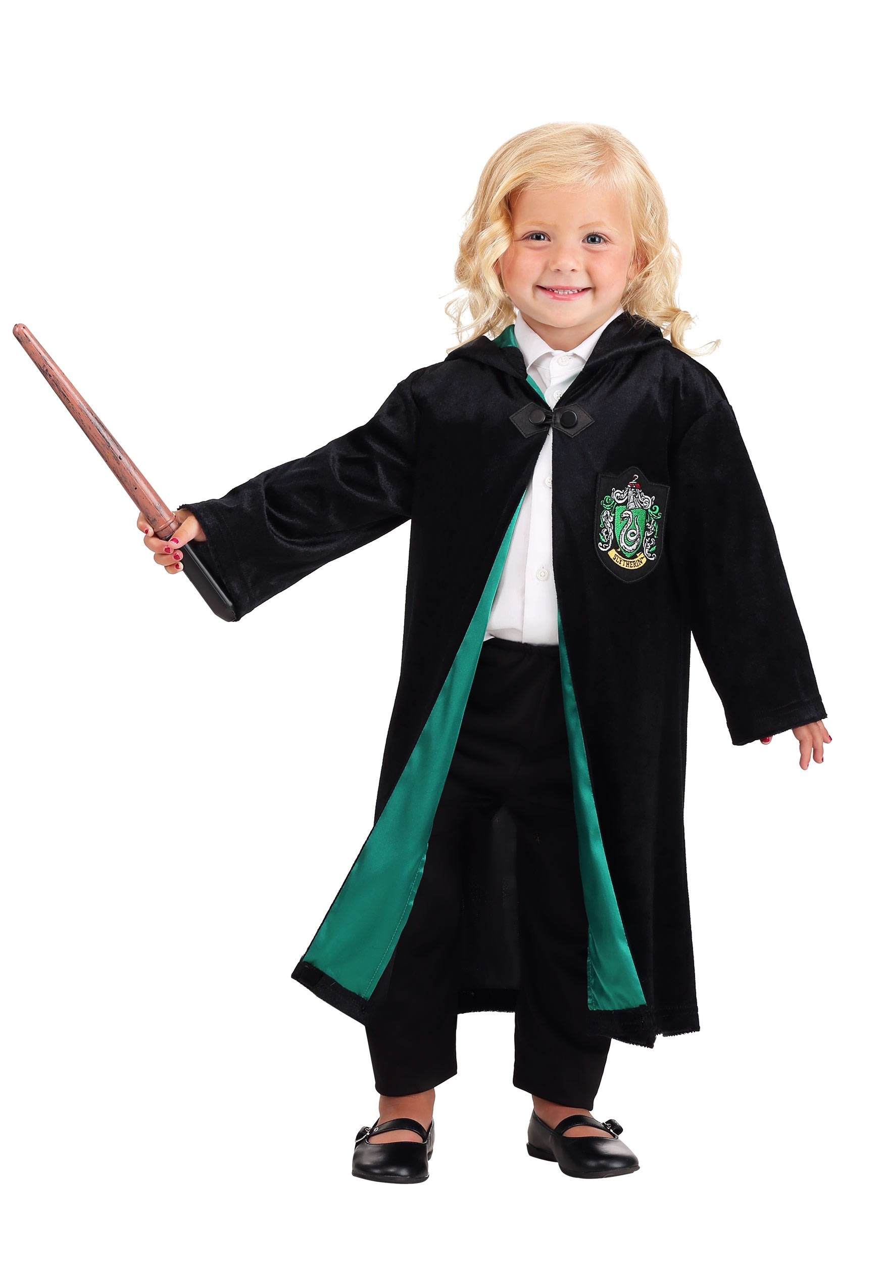 Harry Potter Slytherin Costume Black and Green Long Robe with Hood 