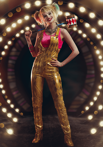 Women's Harley Quinn Gold Overalls Costume Main Update