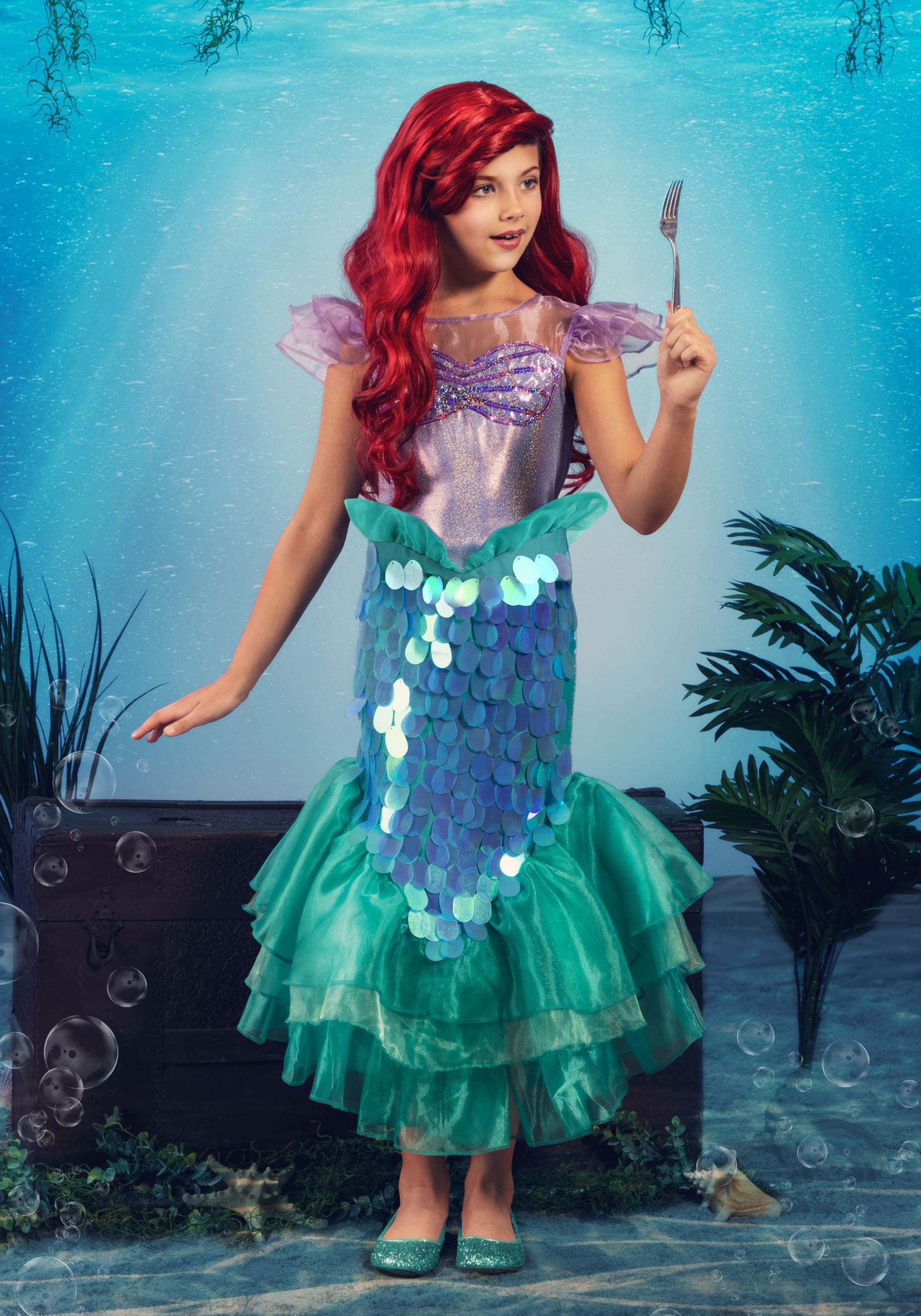 Purse Gloves Teal Dress Disney Princess Ariel Little Mermaid Costume Wig 