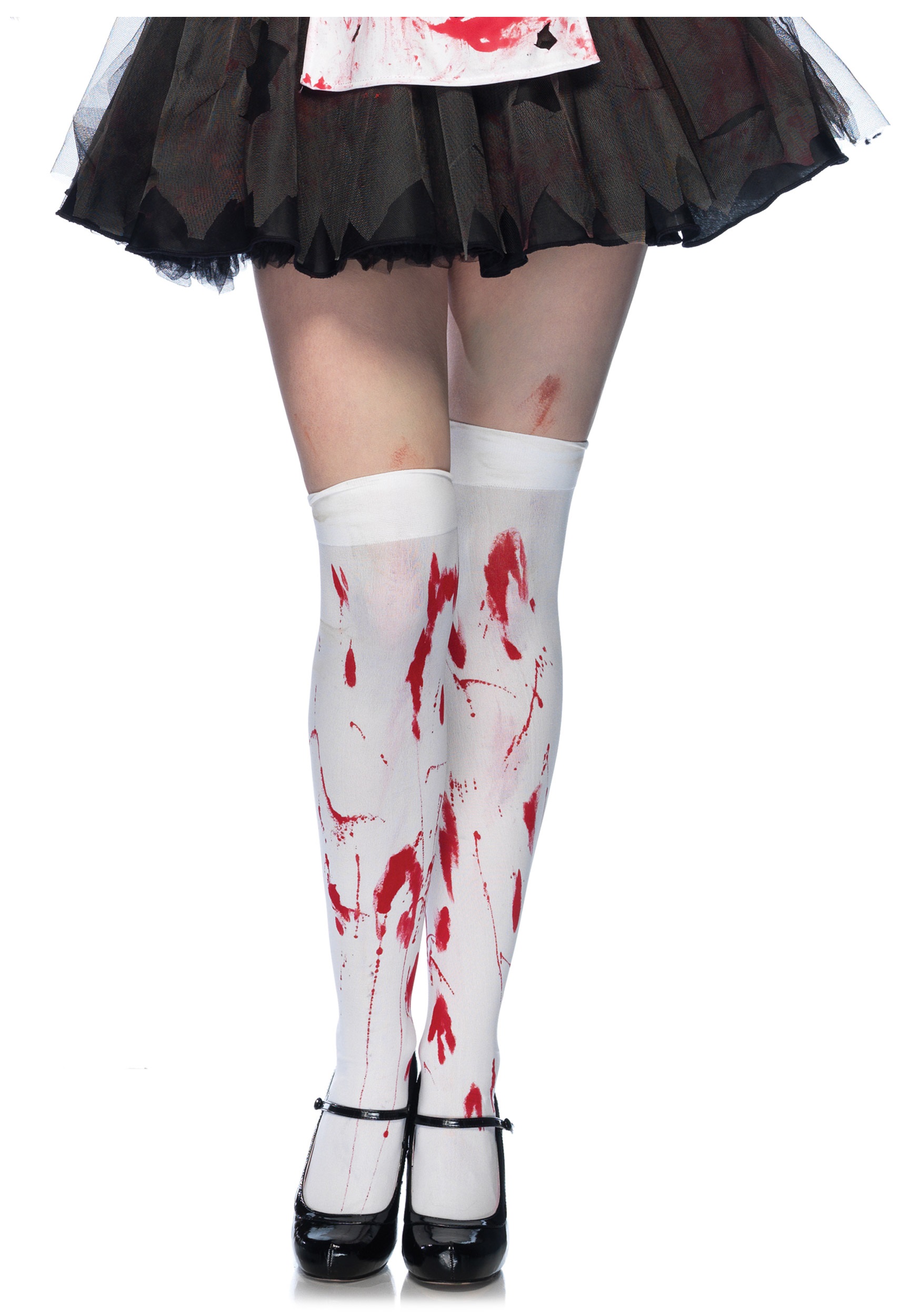 White Blood Stained Zombie Halloween Stripey Holds Up Stockings & stained Tights 