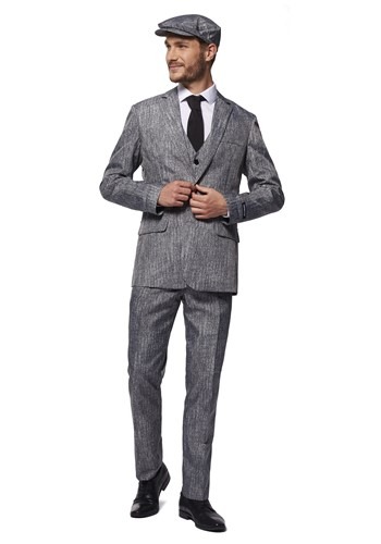 man wearing grey 3-piece 1920s suit with matching newsboy cap