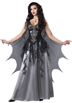 Ladies Black Gothic Vamp Costume Halloween Fancy Dress & Black White Panto Wig 