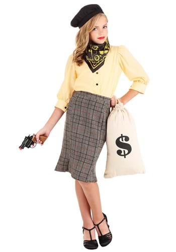 a girl in a Bonnie Parker costume with a black tam on her head, a toy gun and a cash bag