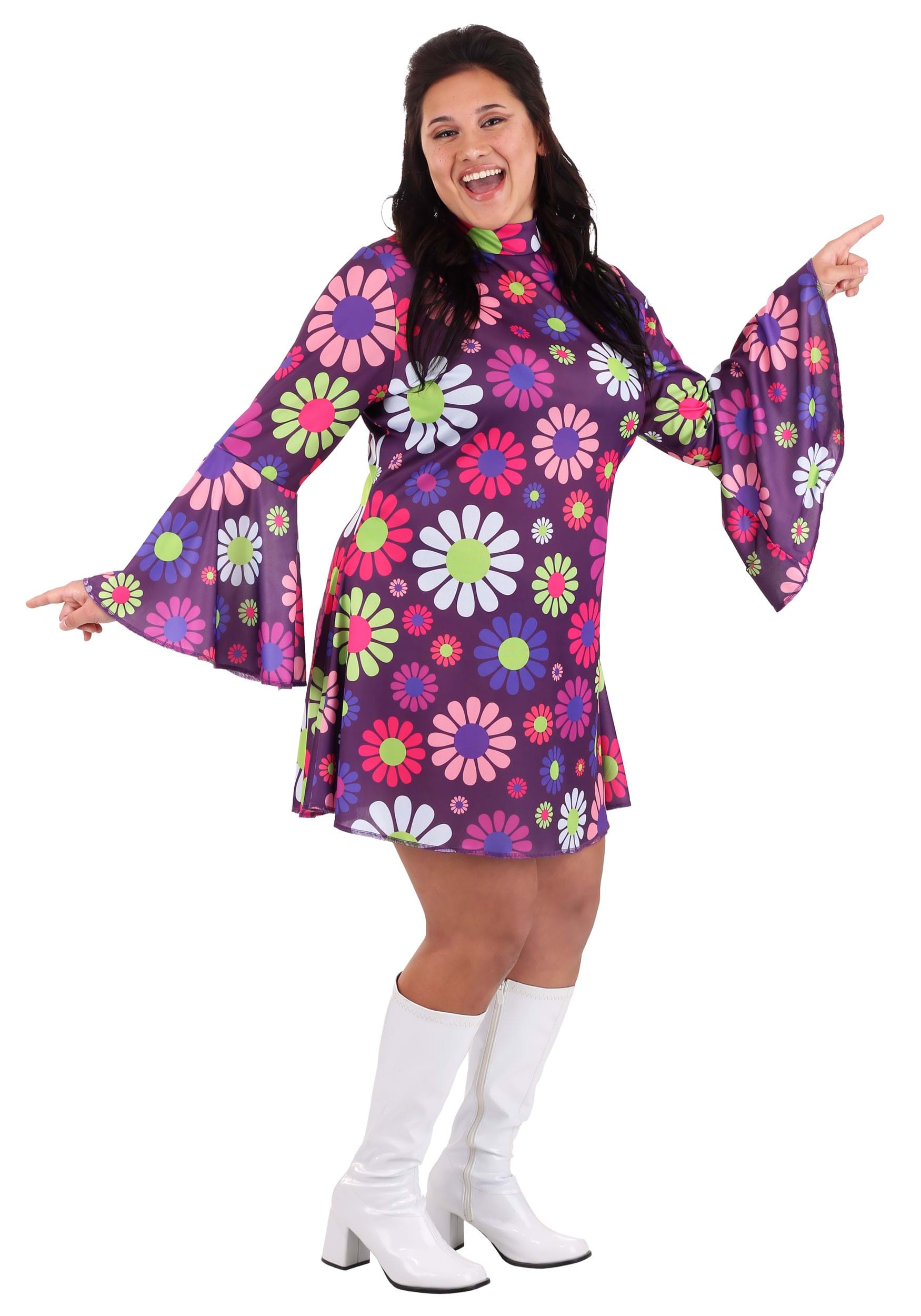 Plus Size Retro Dresses 50s, 60s ,70s, 80s, 90s Plus Size Groovy Flower Power Womens Costume $34.99 AT vintagedancer.com
