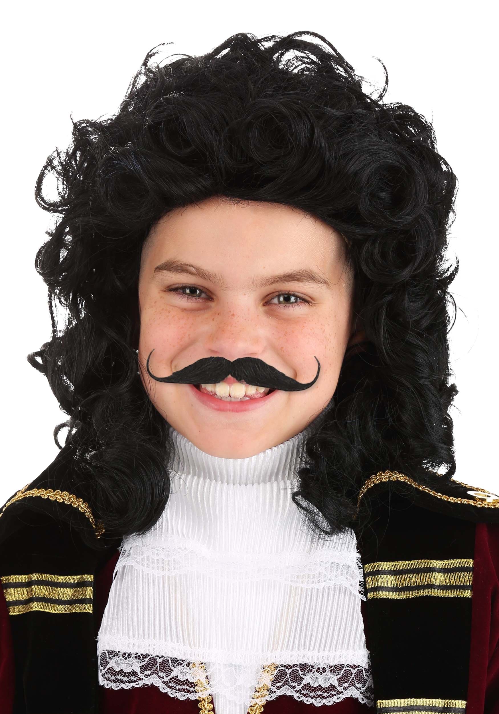 ADULT MALE MENS BLACK LONG CURLY PIRATE CAPTAIN HOOK COSTUME WIG W/ MOUSTACHE 