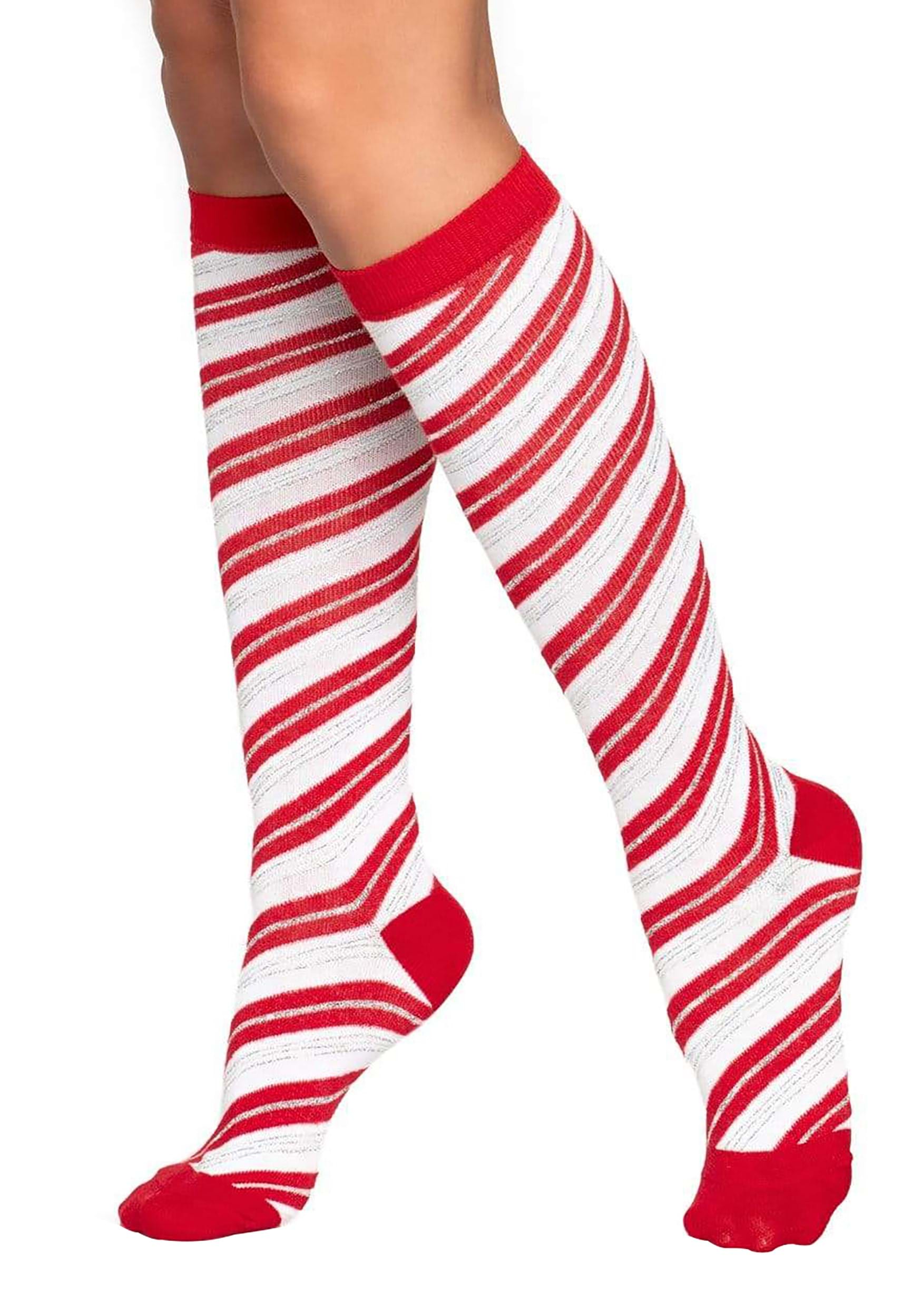 Womens Christmas Elves Elf Stripe Socks Candy Cane Red Green White Knee High 
