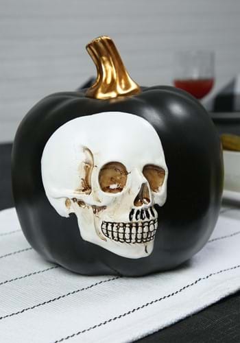 8.5" Black Pumpkin with Embossed Skull