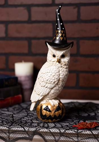 14" White & Gold Owl w/Witch Hat on Gold Jack-O-Lantern new