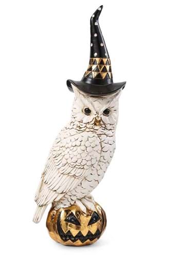 14" White and Gold Owl w/Witch Hat on Gold Jack-O-Lantern