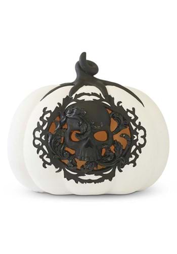 White & Black 7.75" LED Pumpkin with Filigree and Skull