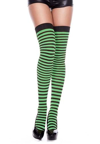 Black and Kelly Green Striped Thigh Highs for Women