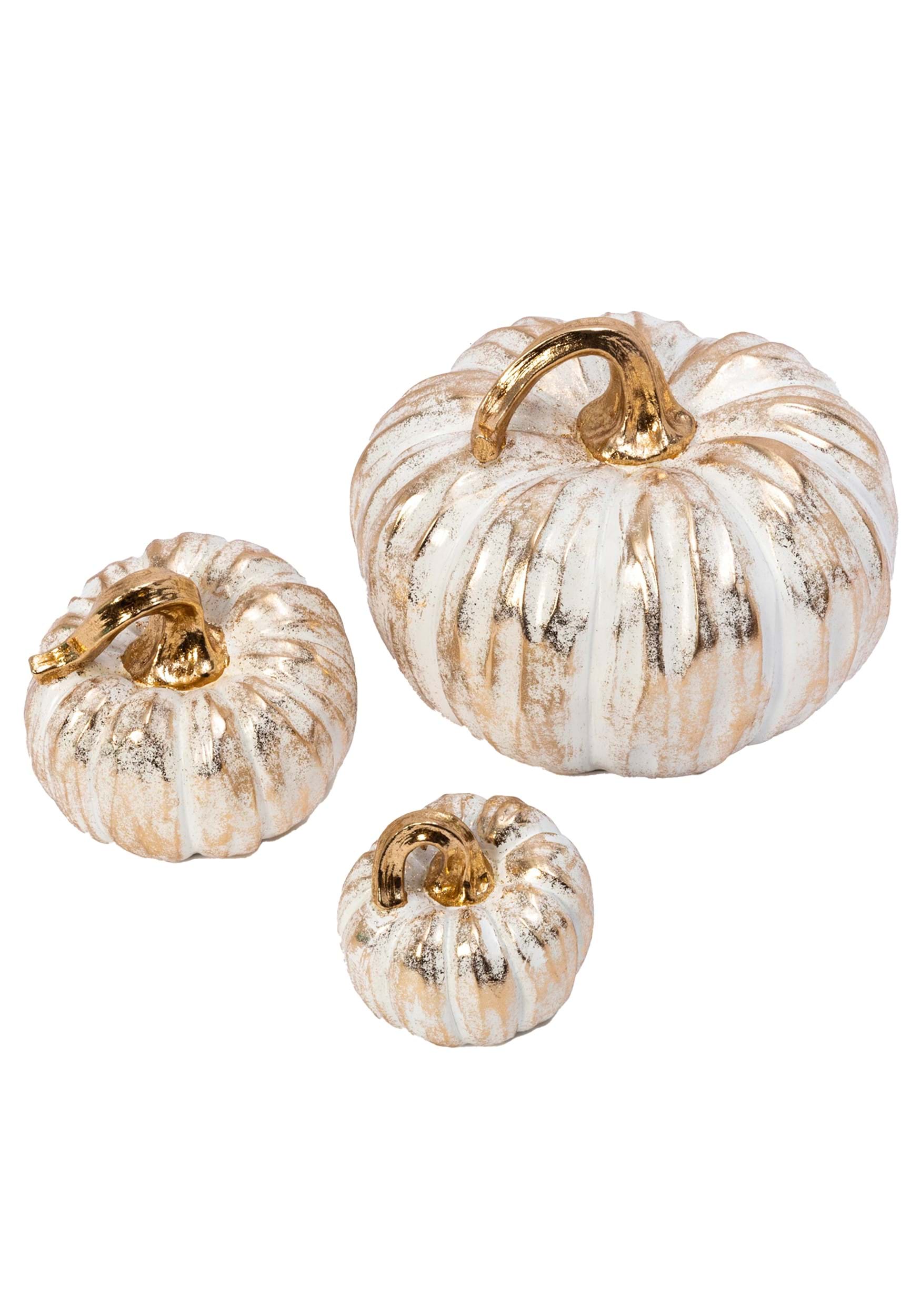 Set Of 3 White & Gold Resin Pumpkins