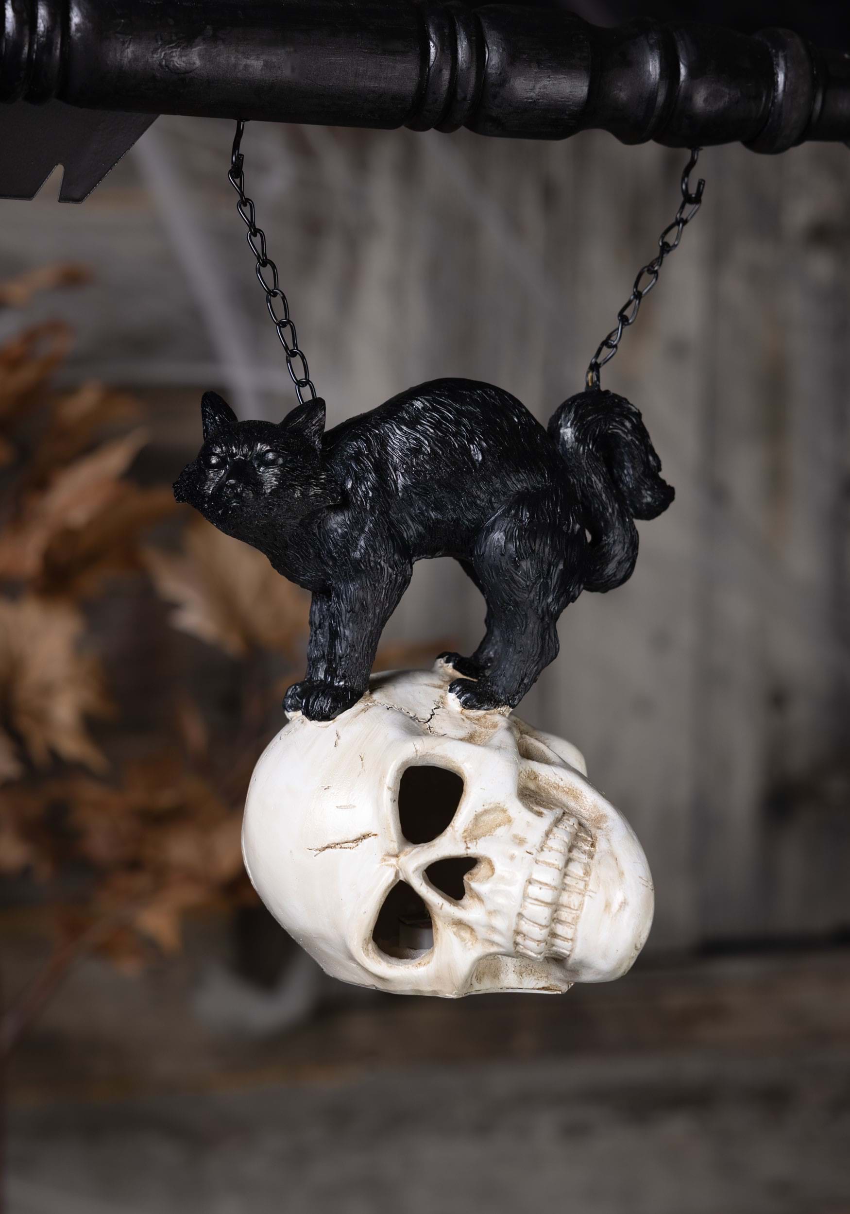 8 Inch Black Resin Cat On LED Skull Figure Decoration