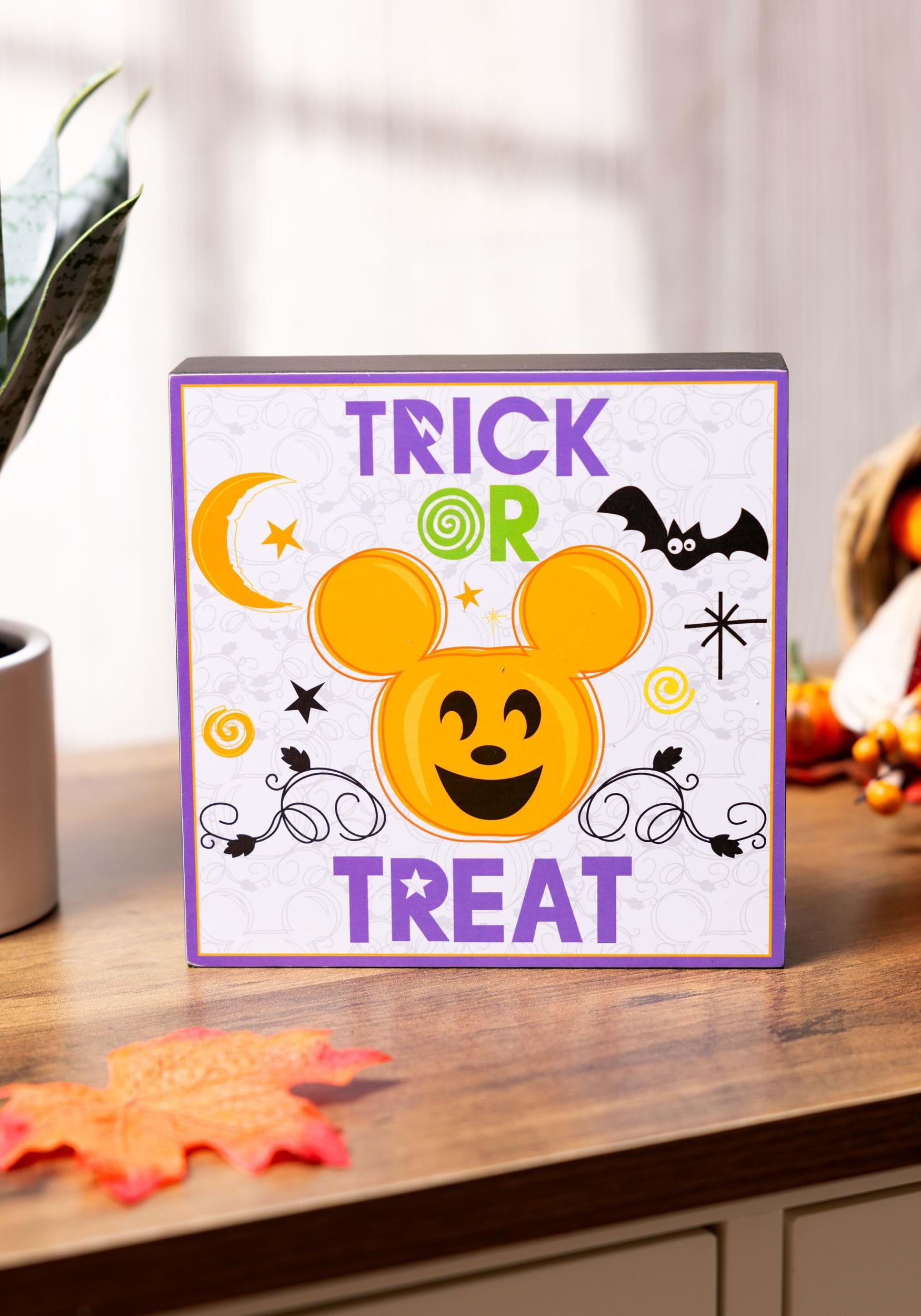 Disney Mickey Mouse Pumpkin Trick Or Treat Wood Box Sign Decoration
