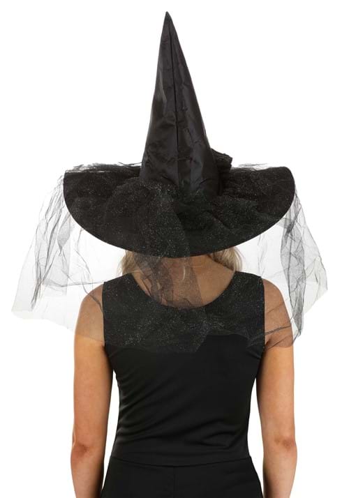 Women's Sparkly Black Witch Hat with Veil