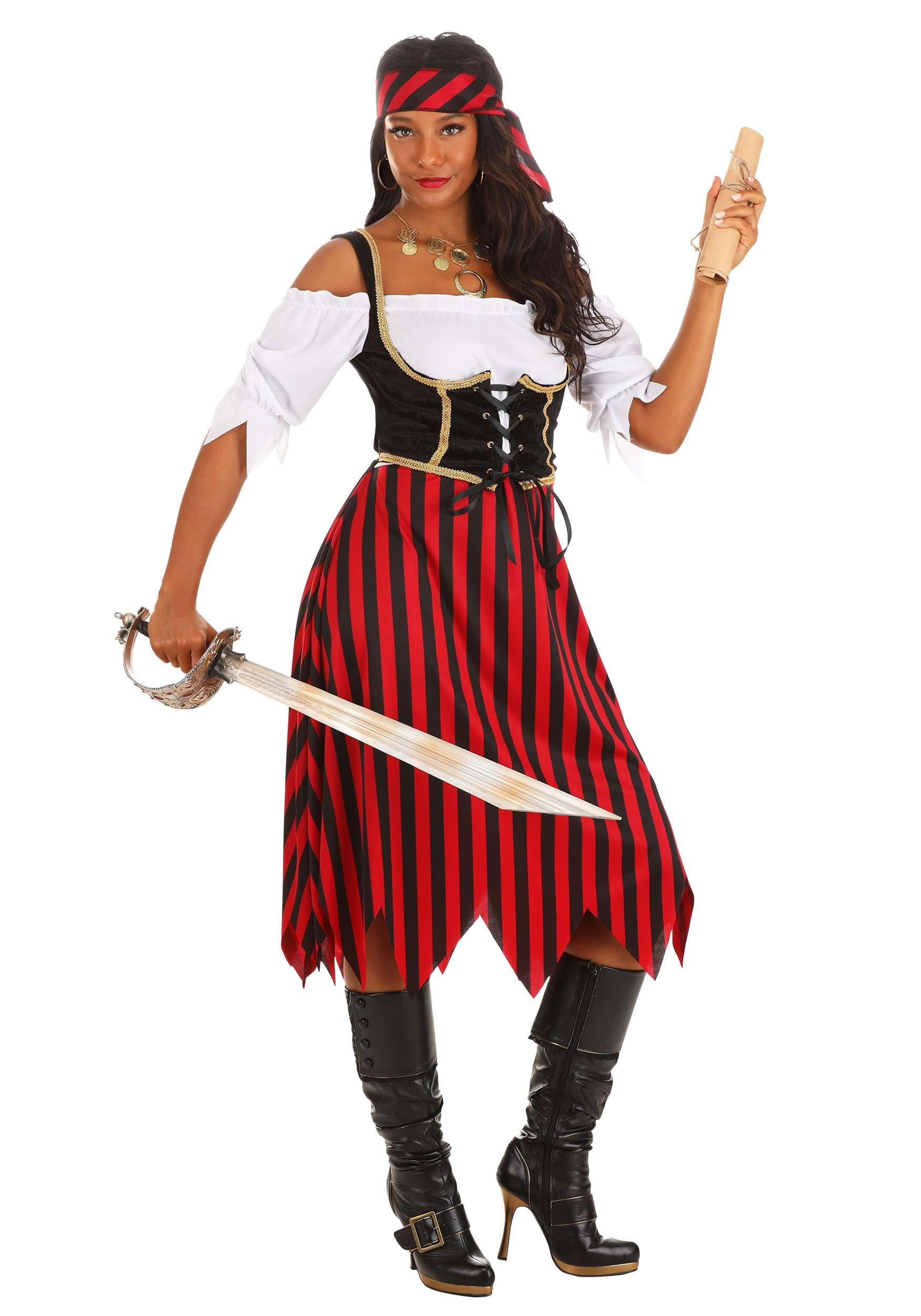 Sexy Pirate Costume  Female Captain Hook - Red/Black Stripe