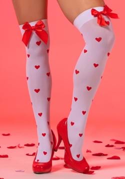 Womens White with Red Bow and Heart Print Thigh Highs