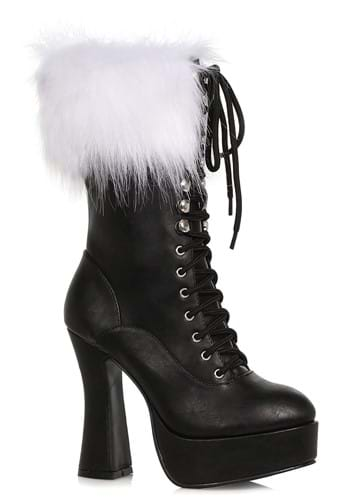 Women's Victorian Black Faux Leather White Faux Fur Cuff Lace-Up Platform Santa Boots